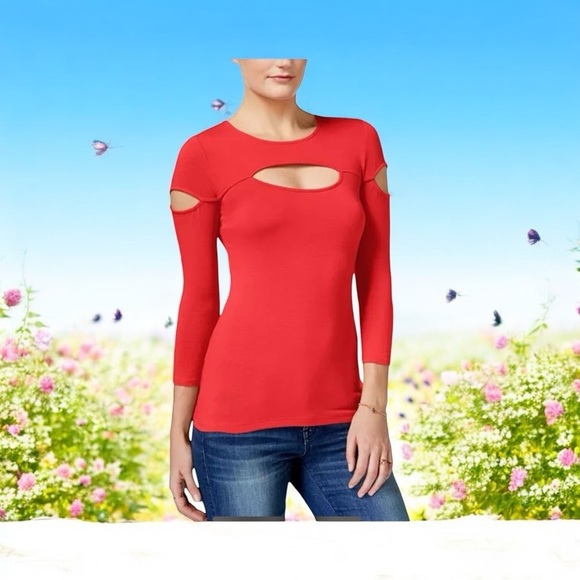 GUESS Women’s Pink Magma Keyhole Cutout 
Cassie 3/4 Sleeve Cutout Top size L - Picture 1 of 16